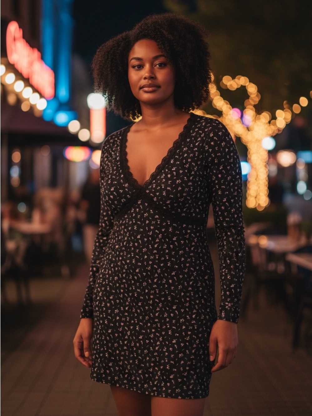 H&M Black Floral Lace-Trim Long Sleeve Mini Dress